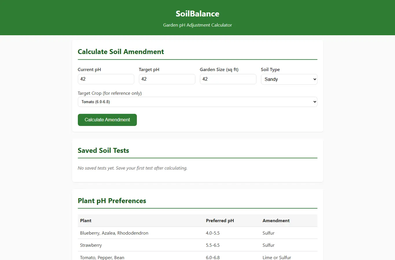 Screenshot of SoilBalance: Garden pH Adjustment Calculator interface showing the project page in use